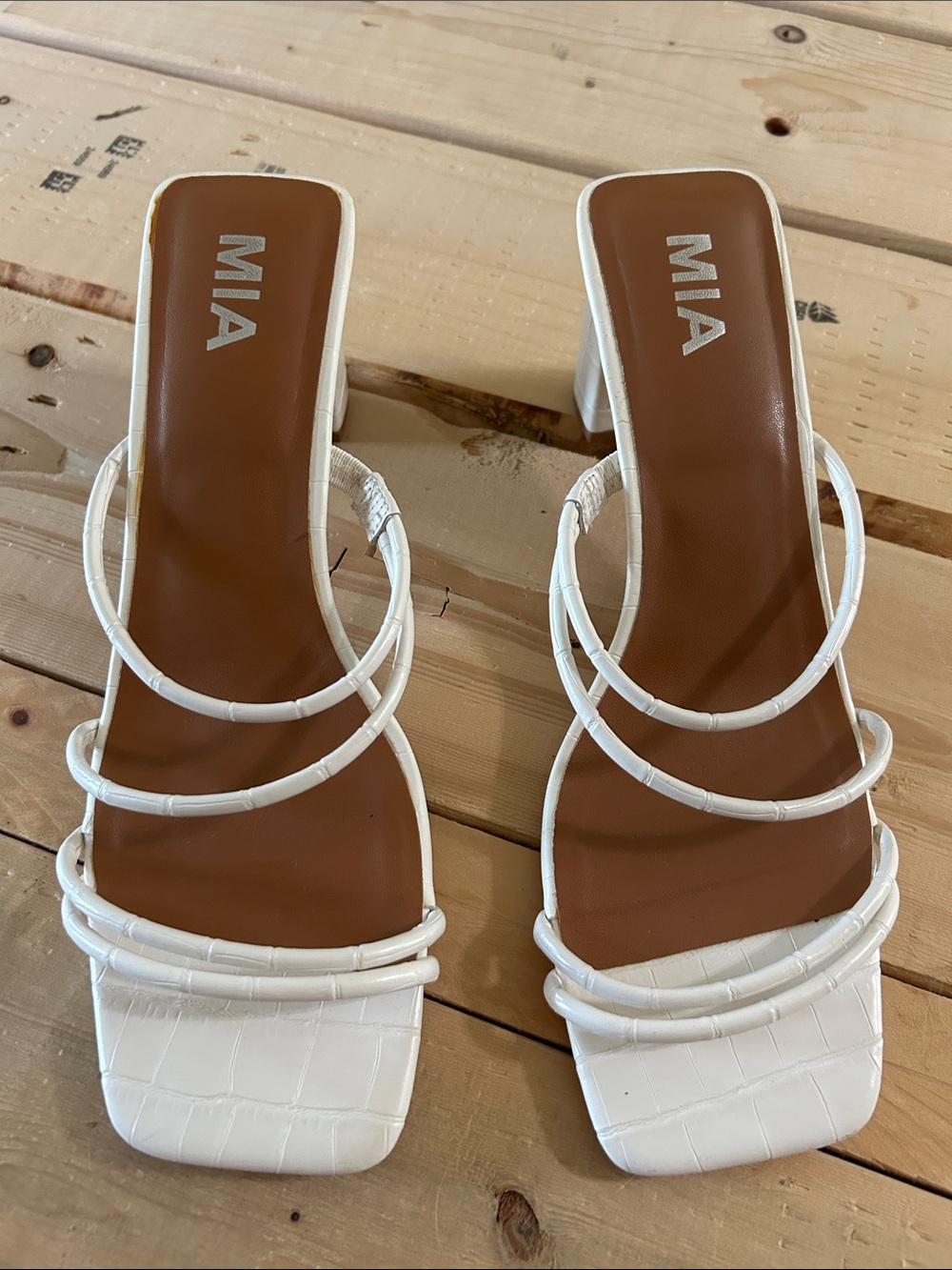 MIA White Croc-Effect Triple-Strap Square-Toe Mules